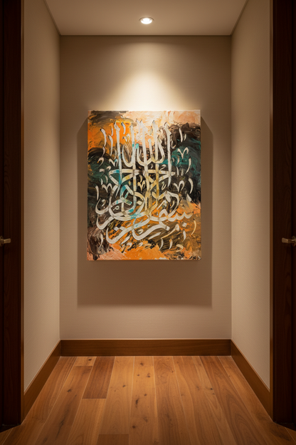 Bismillah Arabic calligraphy canvas art hanging in an elegant hallway with warm wood flooring, portrait 3:4 ratio, no frame gallery wrap, luxury home interior