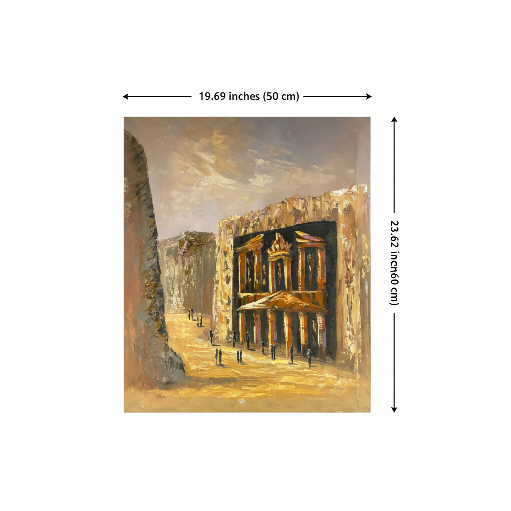 Dimension diagram showing 19.69 inches wide by 23.62 inches tall (50cm × 60cm) for Treasury of Petra oil painting