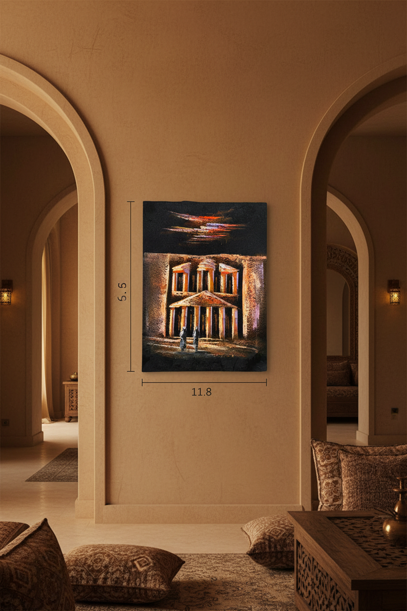 Petra's Treasury at Night oil painting on desert sand warm beige wall in Middle Eastern inspired living room — no frame, warm golden lifestyle art photography
