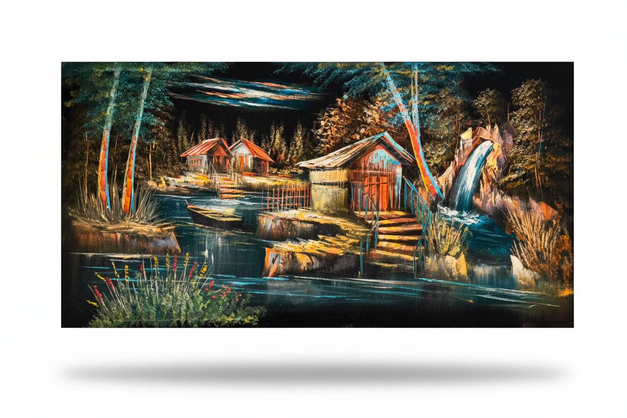 Forest waterfall cabin night scene canvas wall art on white background with shadow – 47x24 inches