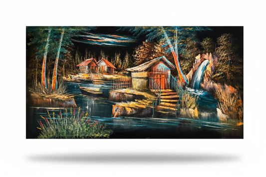Forest waterfall cabin night scene canvas wall art on white background with shadow – 47x24 inches