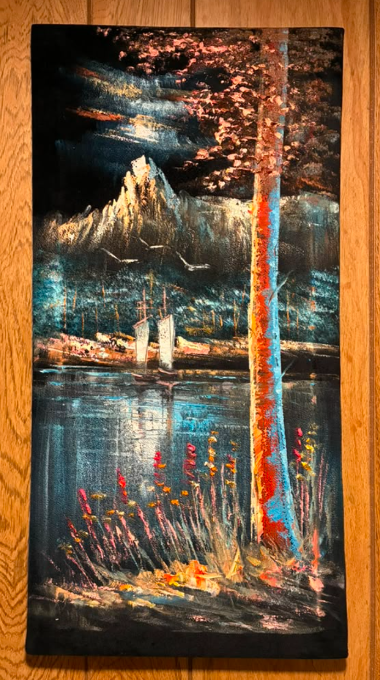 Mountain Lake with Sailboats at Night — Original Oil Painting on Canvas | 11.81" × 23.62"
