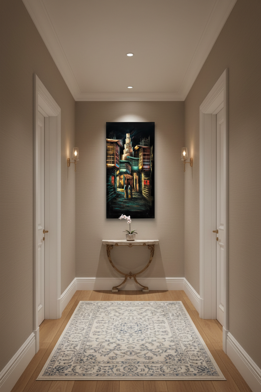 Spiral minaret alley painting displayed in elegant hallway interior