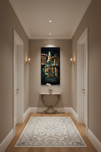Spiral minaret alley painting displayed in elegant hallway interior