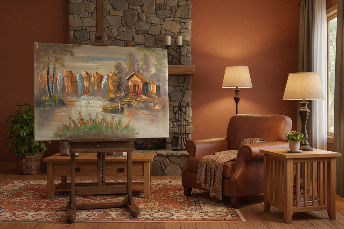Original autumn canyon cabin waterfall oil painting on a wooden easel stand in a warm rustic terracotta living room, unframed canvas at correct scale