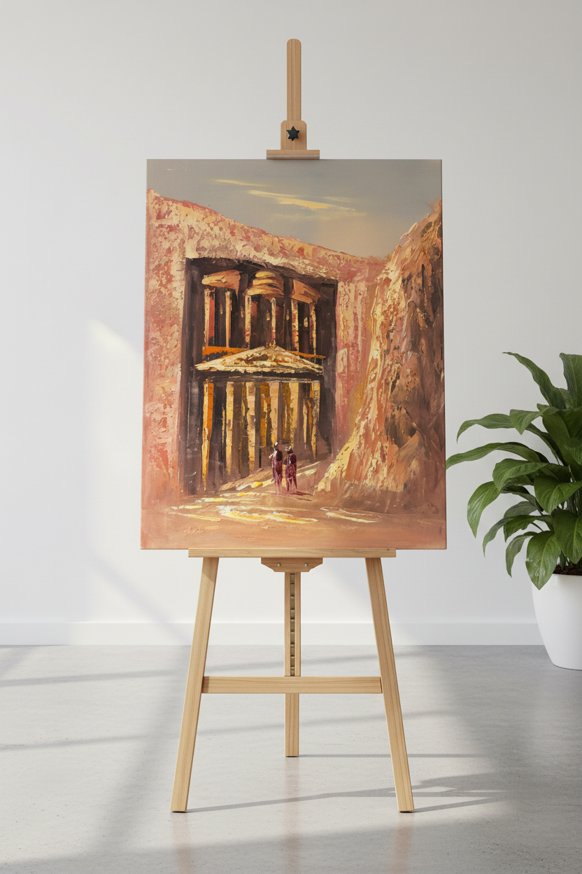 Petra Treasury painting displayed on wooden easel stand in minimalist studio
