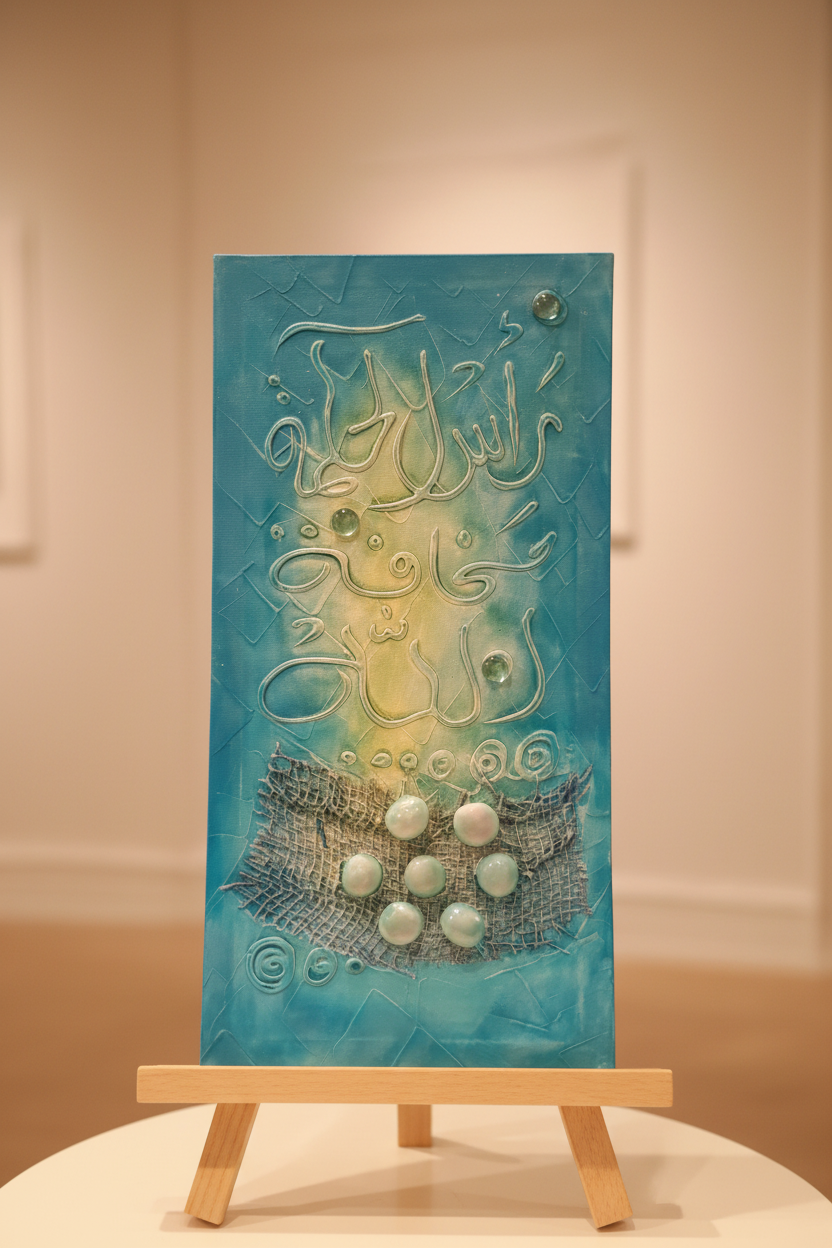 Islamic calligraphy teal aqua silver canvas displayed on art stand