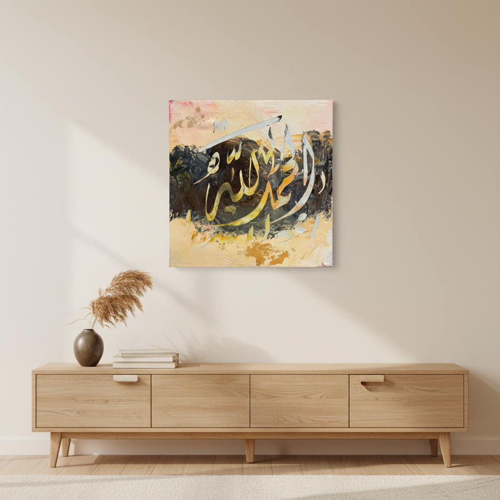 Alhamdulillah peach gold calligraphy canvas displayed above a wooden console stand in a warm modern interior