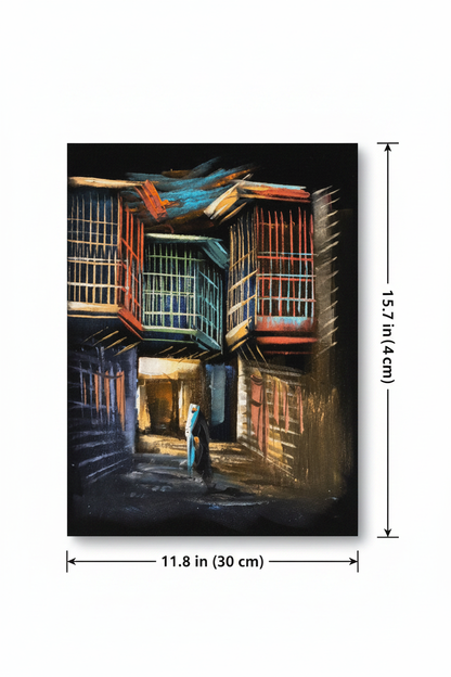 Arabian old city alley night canvas art with dimensions 11.8 inches wide x 15.7 inches tall 30cm x 40cm