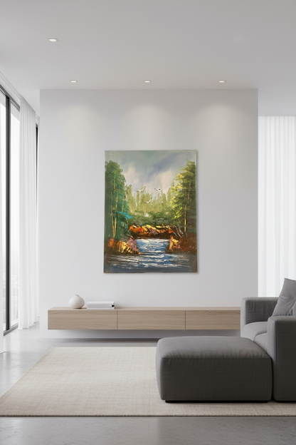 Forest river painting hung on empty white wall in minimalist living room