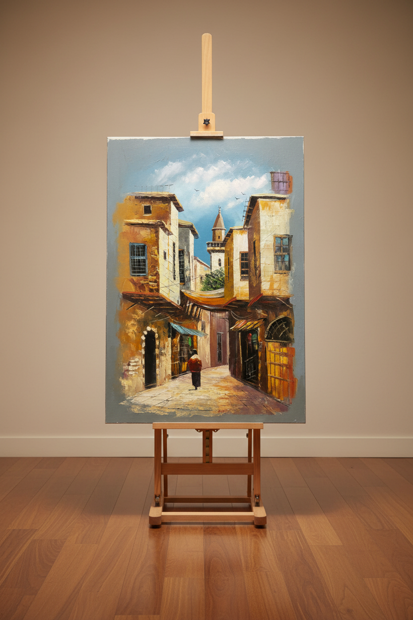 Yafa original oil painting displayed upright on a wooden art easel stand in a gallery studio, no frame