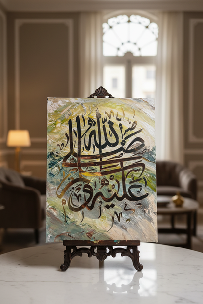 Salawat Durood Arabic calligraphy canvas art on a wooden easel display stand, portrait orientation, no frame gallery wrap, luxury home decor