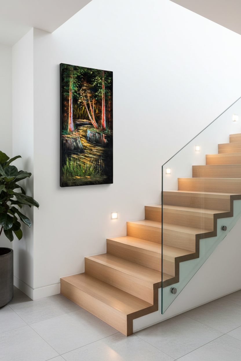 Enchanted forest painting displayed on staircase wall in luxury home interior