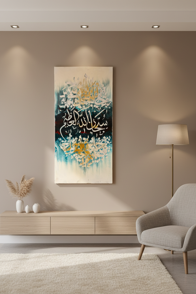 SubhanAllah Islamic calligraphy canvas art displayed in a luxury living room – lifestyle mockup