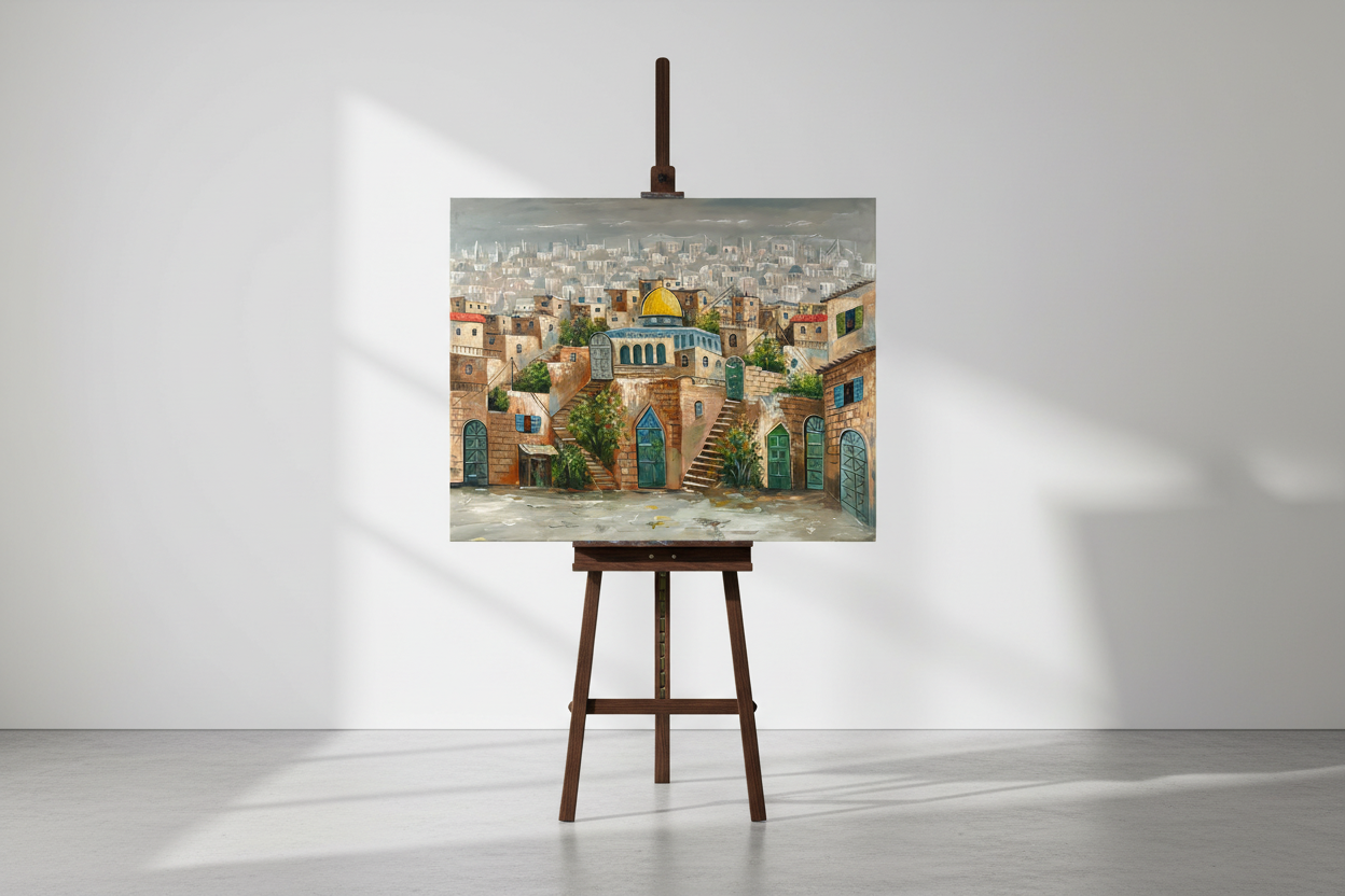 Jerusalem Old City painting on display easel stand – gallery presentation