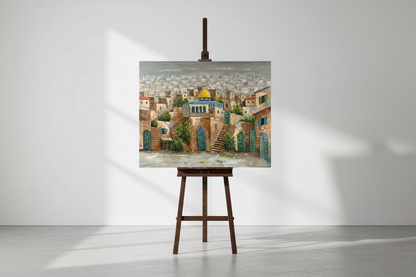 Jerusalem Old City painting on display easel stand – gallery presentation