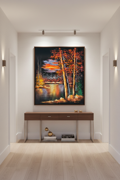 Fiery autumn sunset lakeside canvas art staged in a stylish home hallway