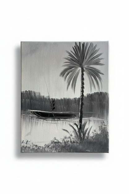Grey palm tree fisherman oil painting isolated on white background with soft drop shadow — no frame