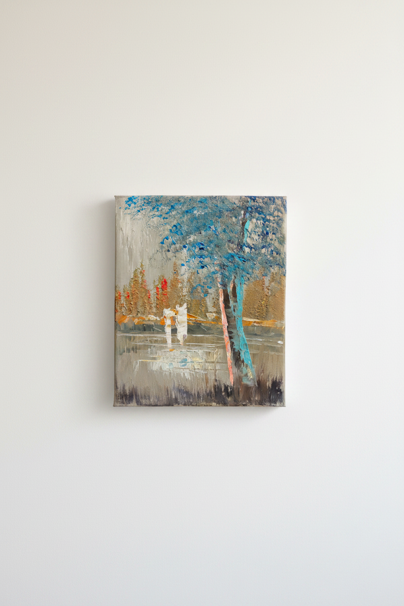 Original misty park teal tree impressionist impasto oil painting displayed unframed on clean empty white wall
