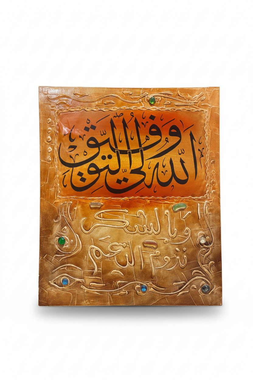 Golden amber Islamic calligraphy decorative panel on white background with shadow – 19.69 x 23.62 inches