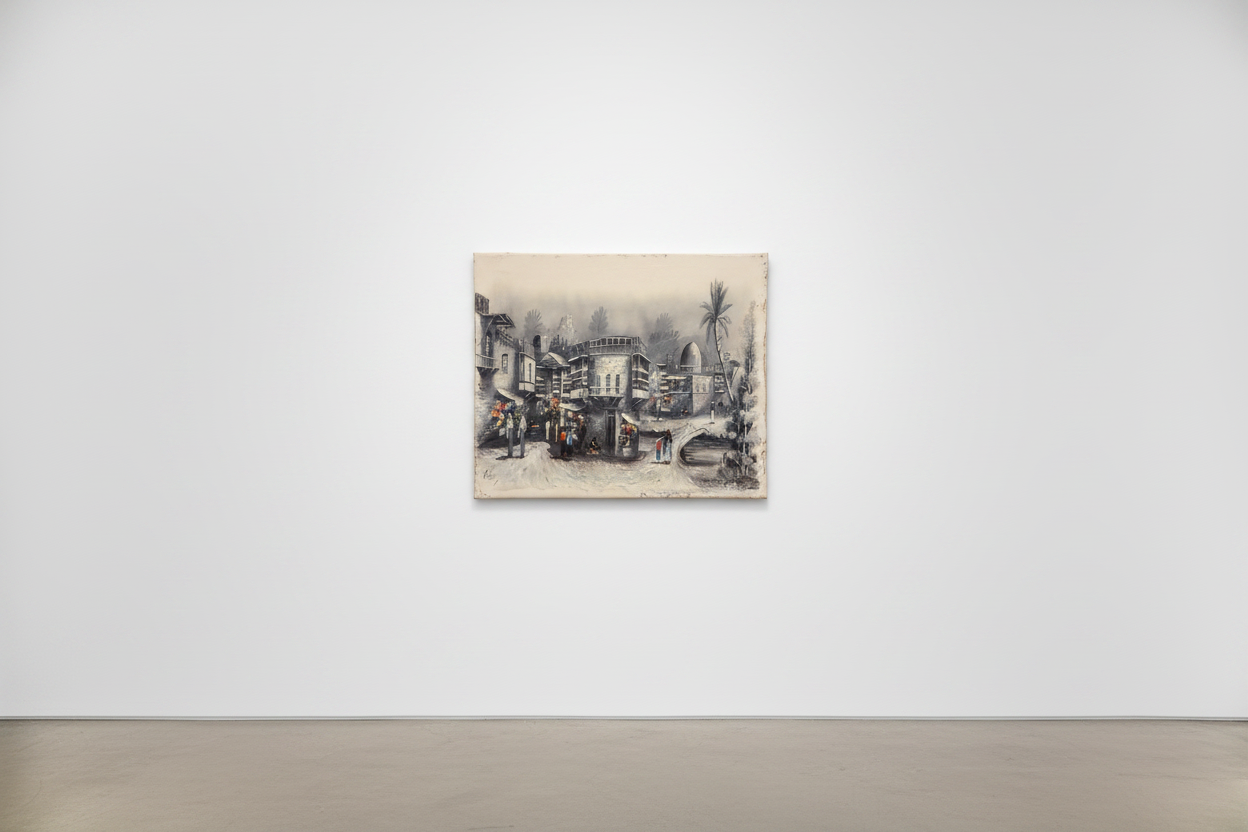 Middle Eastern village market oil painting hung on clean empty white gallery wall, no frame, subtle shadow