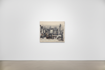 Middle Eastern village market oil painting hung on clean empty white gallery wall, no frame, subtle shadow