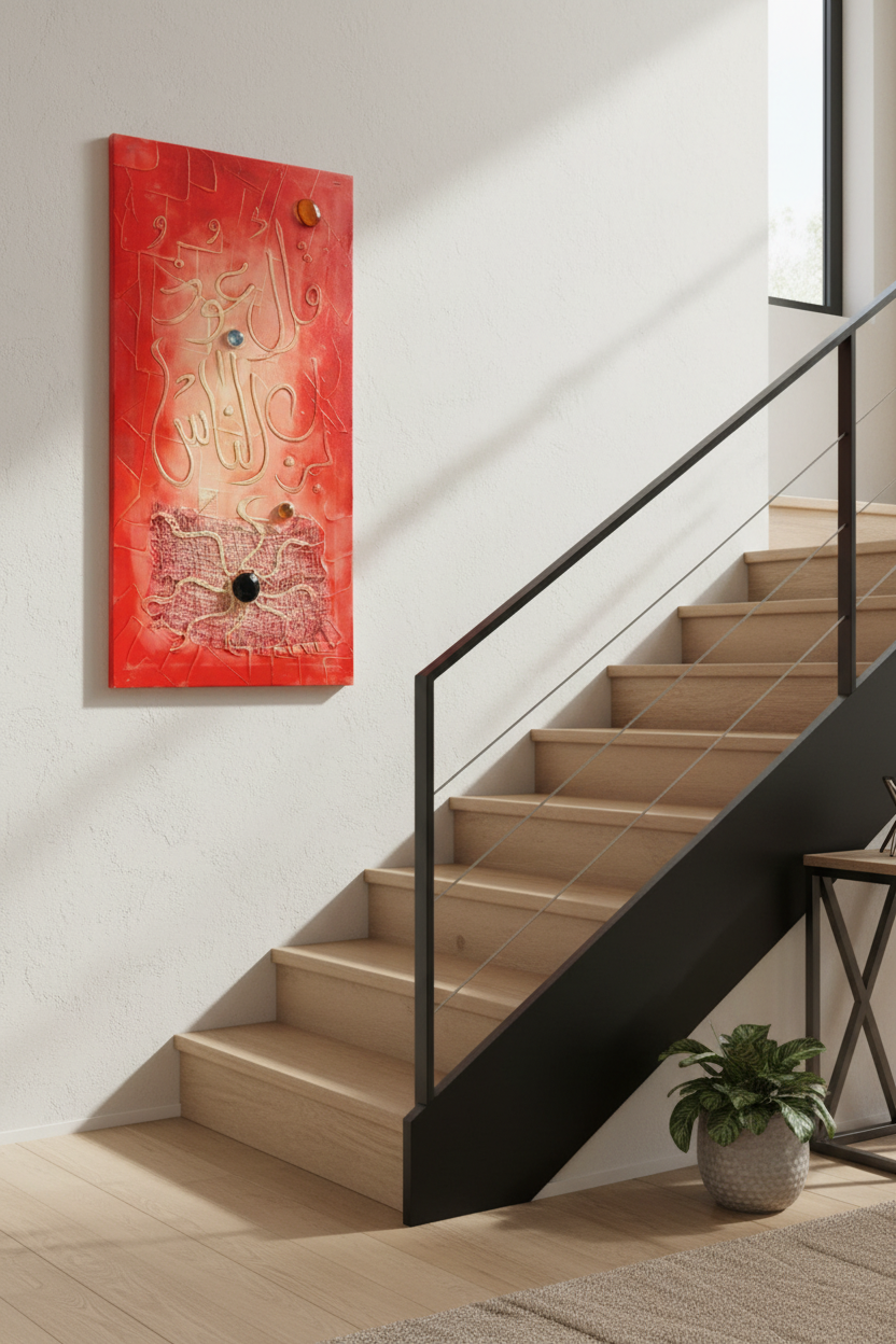 Islamic calligraphy red mixed media canvas on staircase wall