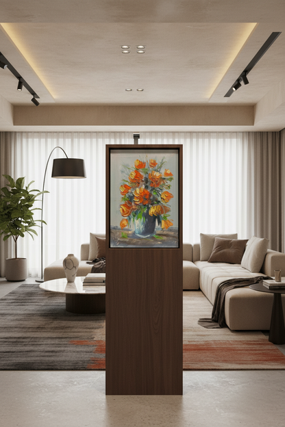 Orange tulips oil painting displayed on a wooden art stand in a modern living room