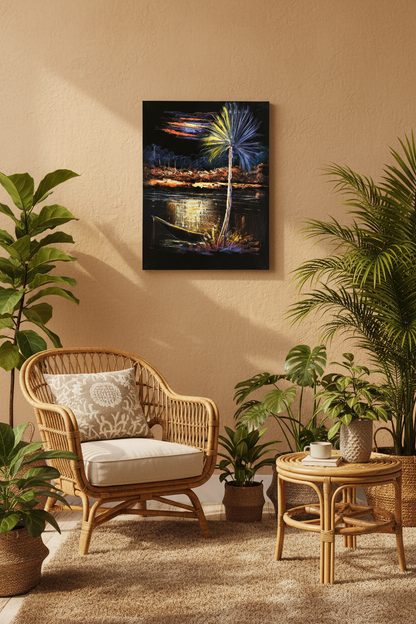 Palm Tree by the River at Night oil painting on sandy desert beige wall in bohemian tropical living room — no frame, warm golden lifestyle art photography