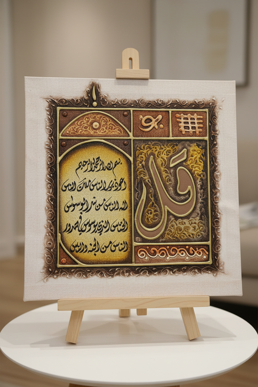 Surah Al-Nas Qaf multi-panel canvas displayed on wooden art stand