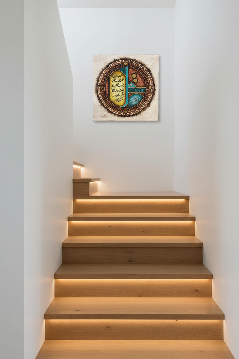 Surah Al-Ikhlas 35cm x 35cm square canvas displayed on staircase wall