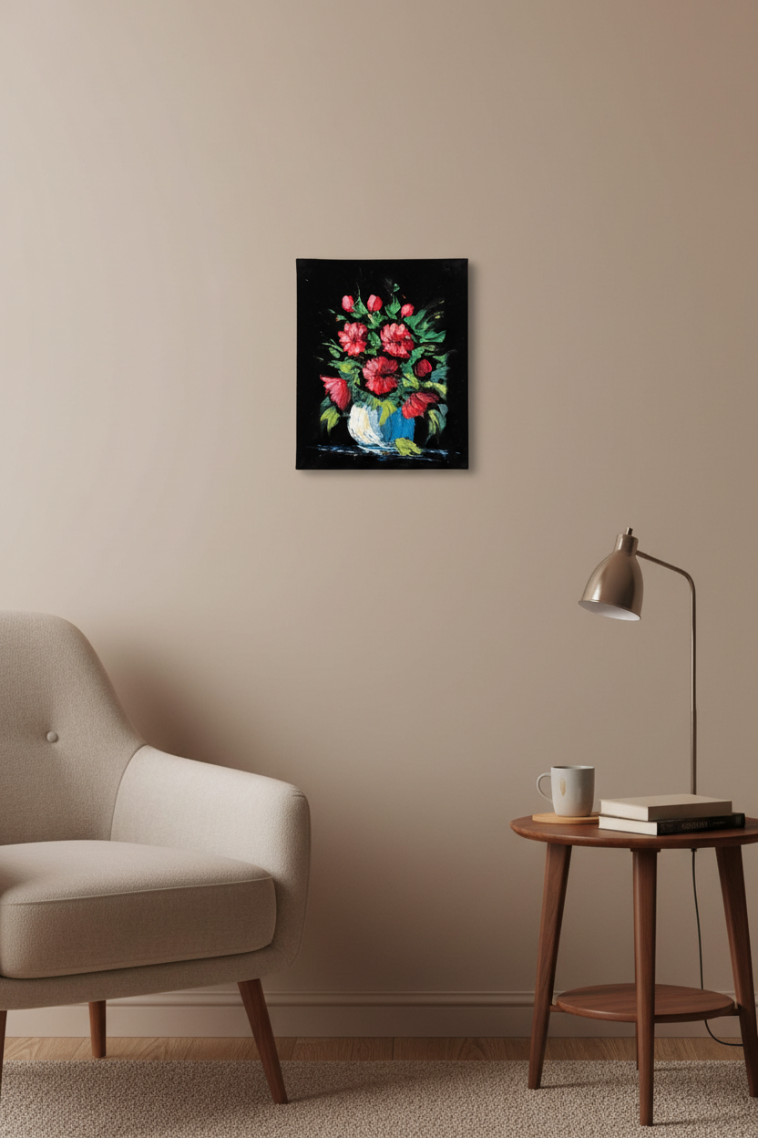 Red peonies floral canvas art displayed in small cozy room lifestyle photo