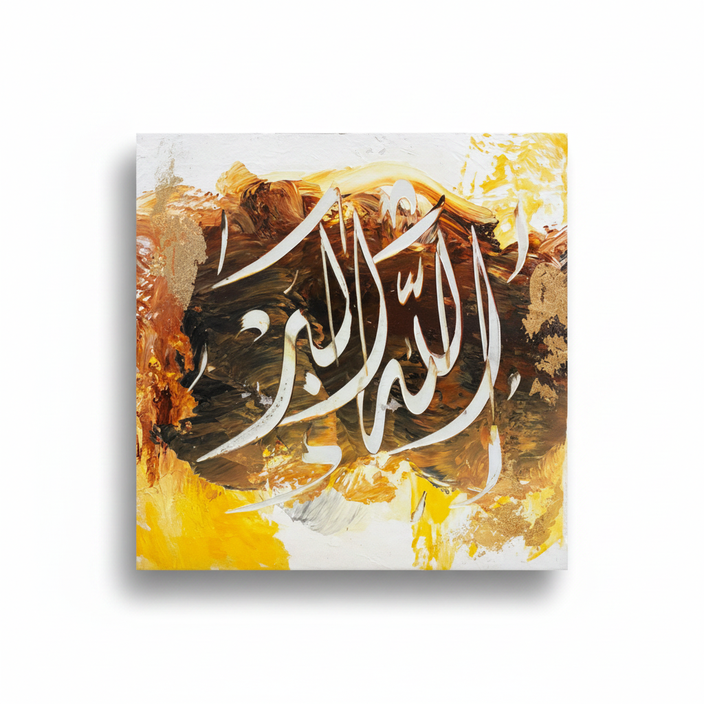 Allahu Akbar golden yellow calligraphy canvas isolated on white background with soft drop shadow