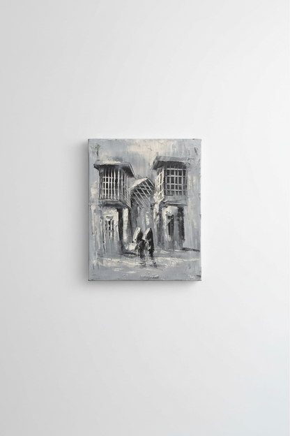 Original old city shanasheel monochromatic impasto oil painting displayed unframed on clean empty white wall