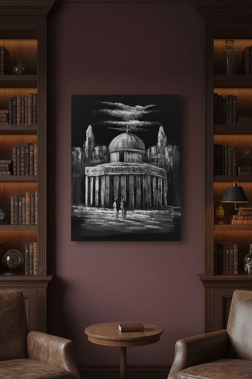 The Grand Dome black and white oil painting on deep burgundy wine red wall in classic study with dark wood shelving — no frame, premium interior art display