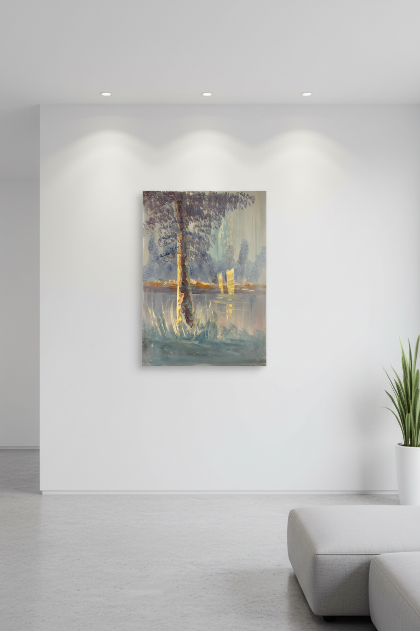 Misty lakeside painting hung on empty white wall in minimalist living room