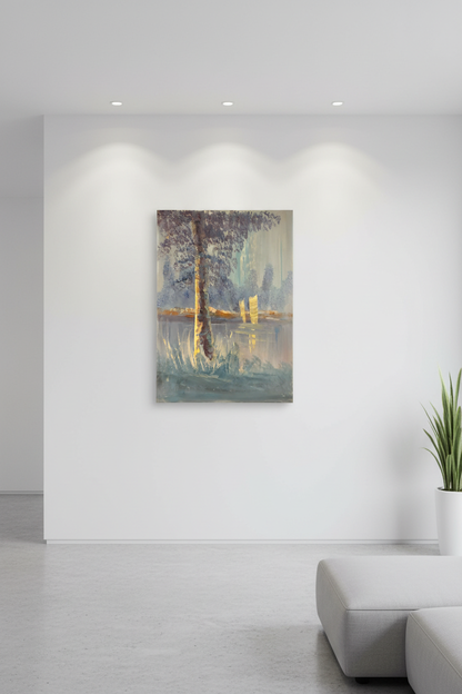 Misty lakeside painting hung on empty white wall in minimalist living room