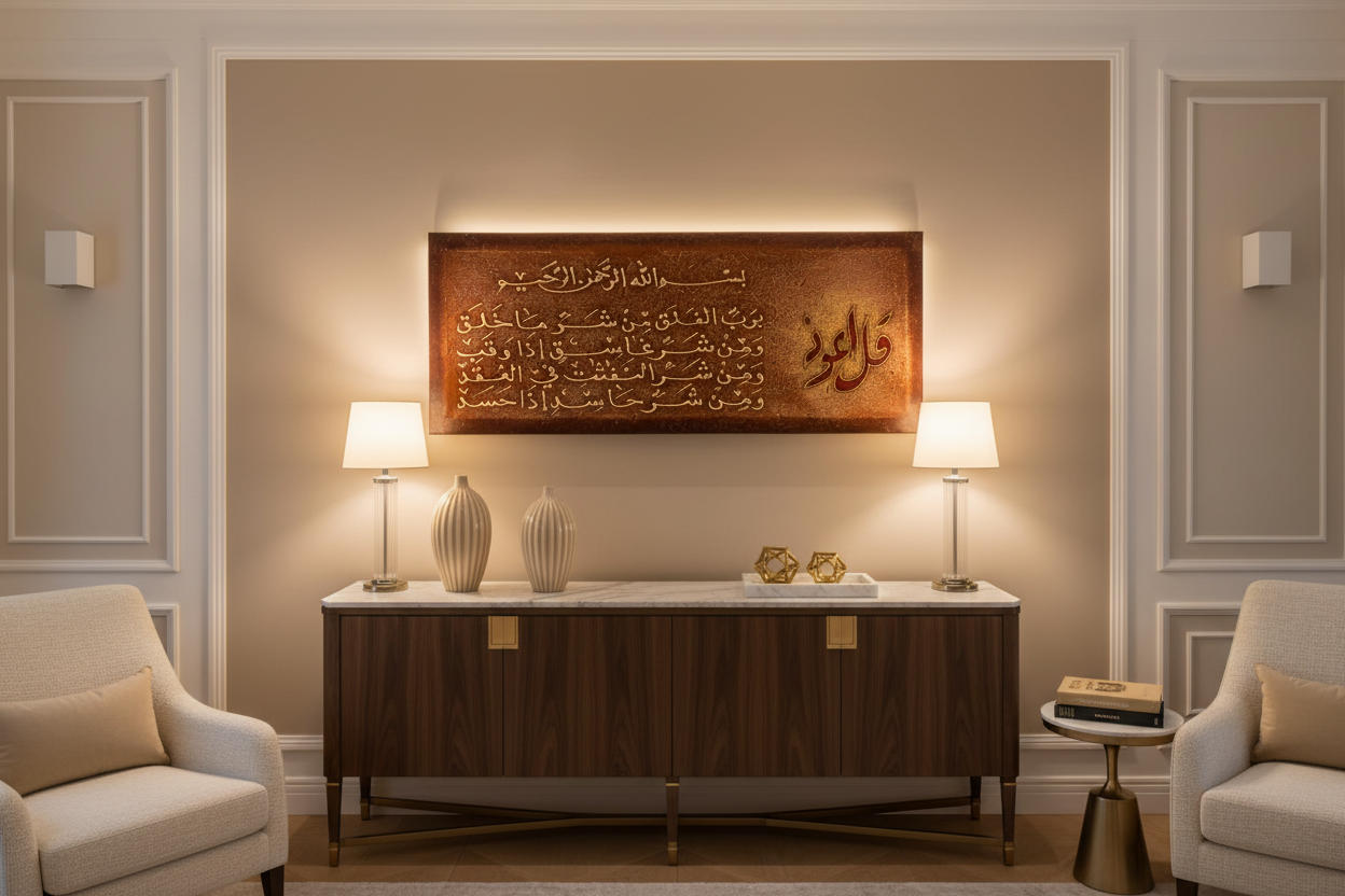 Surah Al-Falaq Quran calligraphy canvas wall art displayed in a modern living room above a console, no frame
