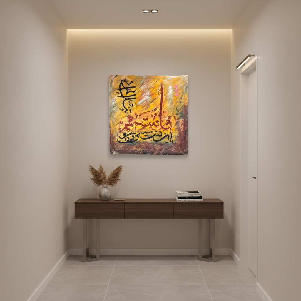 Islamic calligraphy golden yellow amber square canvas art displayed in a modern hallway, no frame