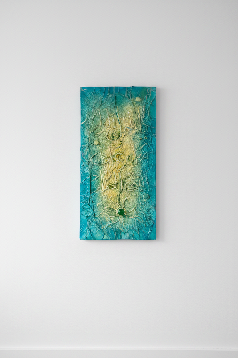 Islamic calligraphy teal aqua golden canvas on empty white wall