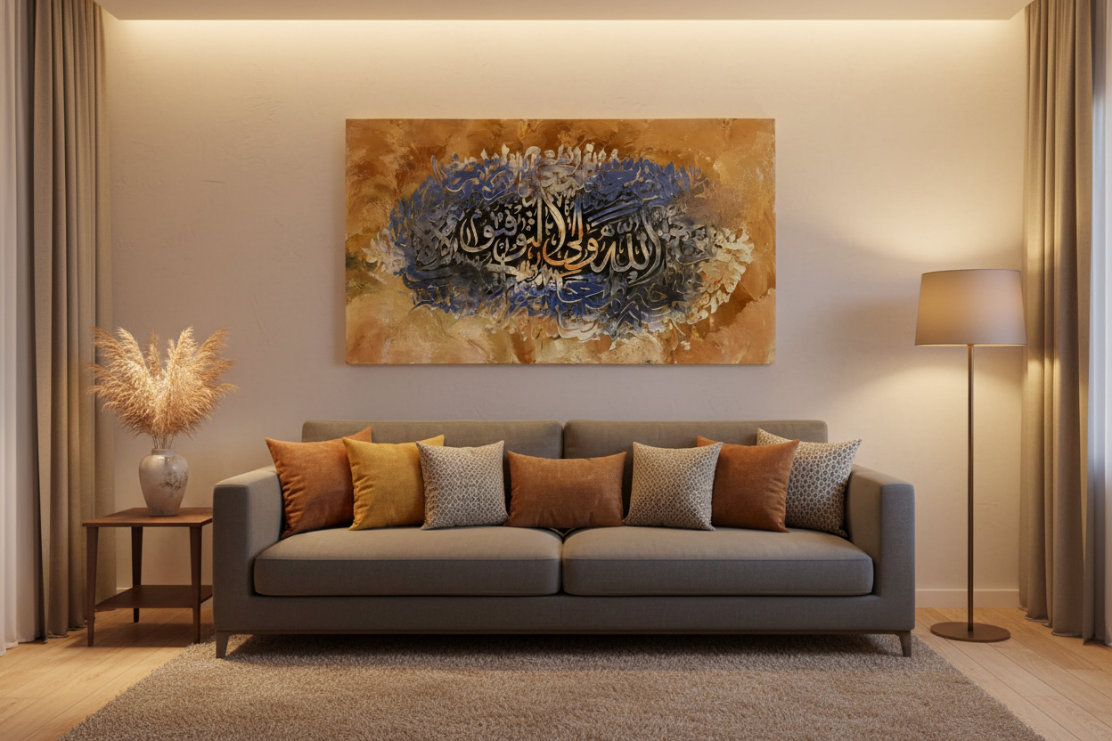 Allahu Waliyyul Mu'minin canvas displayed in a modern living room above sofa