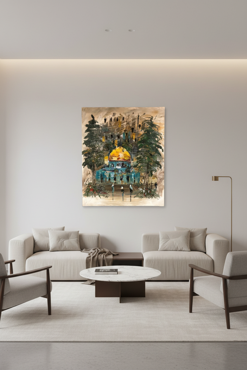 Dome of the Rock pine trees oil painting mounted on empty wall in modern luxury living room