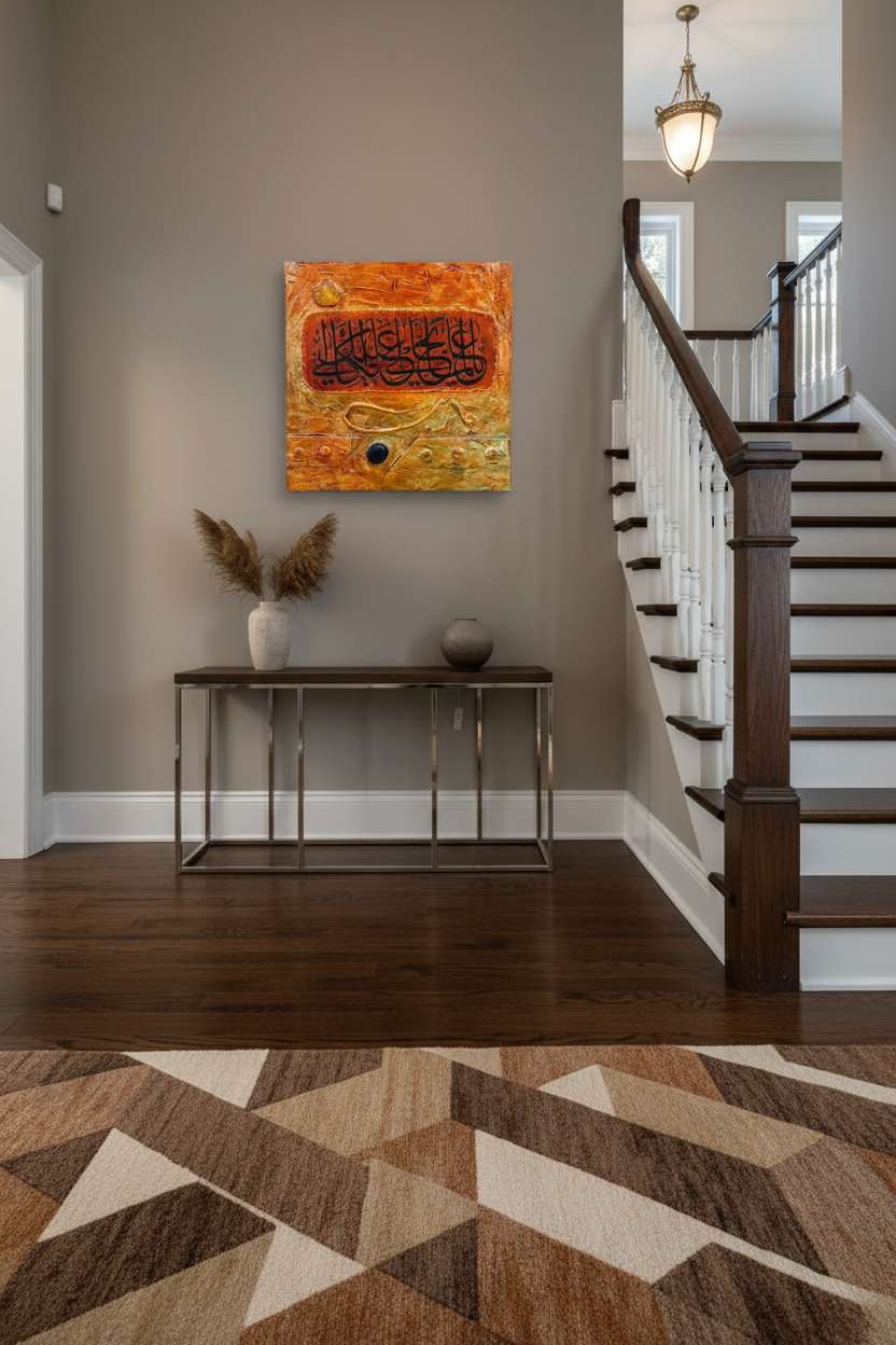 Islamic calligraphy amber panel wall art displayed on staircase wall