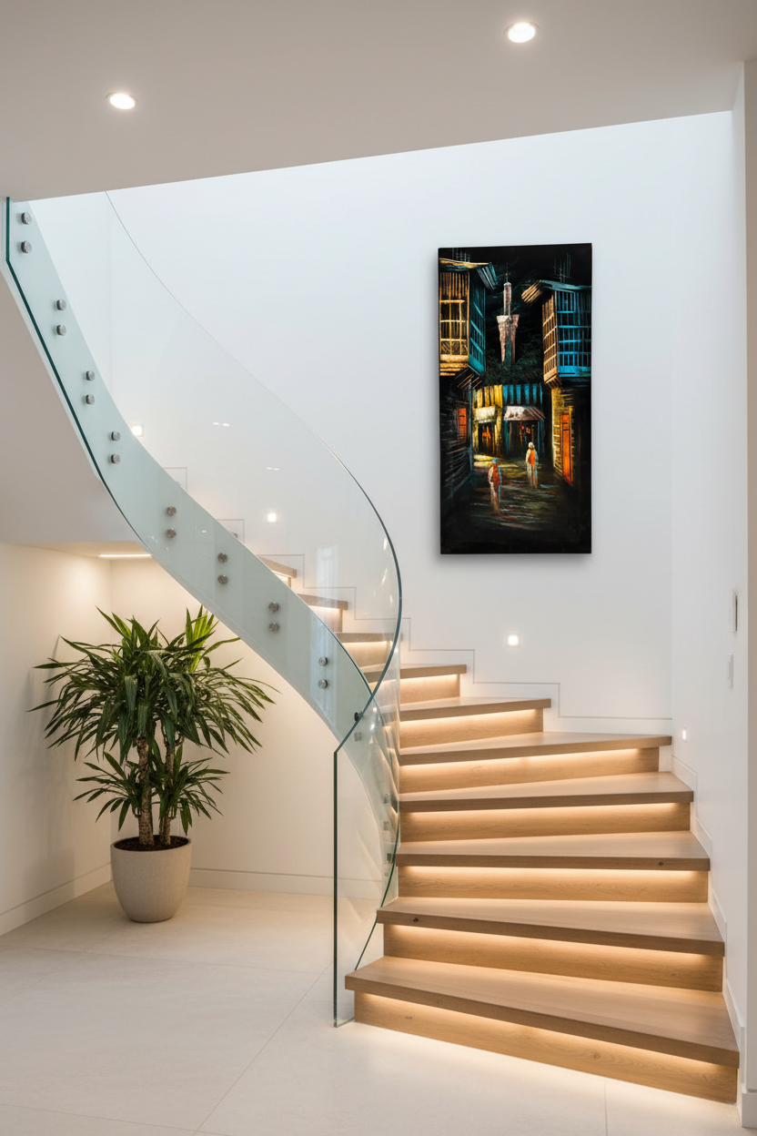 Minaret alley painting displayed on staircase wall in luxury home interior