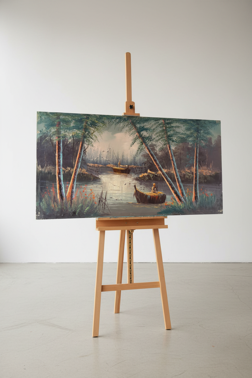 Nature painting displayed on wooden easel stand – lifestyle product view