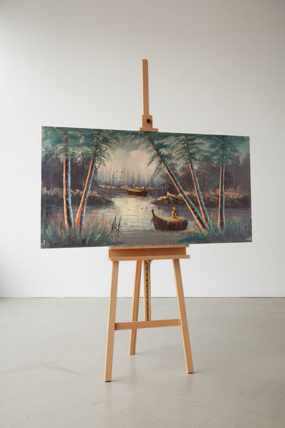 Nature painting displayed on wooden easel stand – lifestyle product view