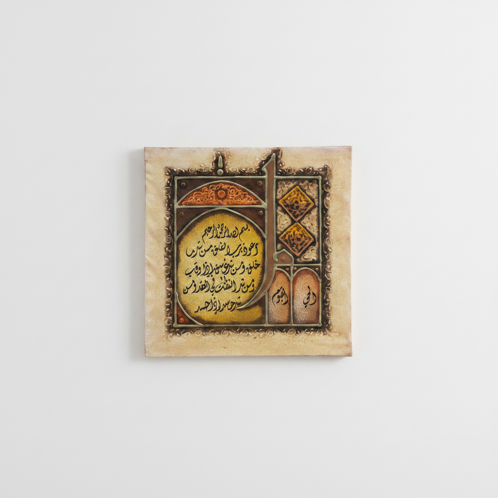 Surah Al-Falaq canvas hung on empty white wall