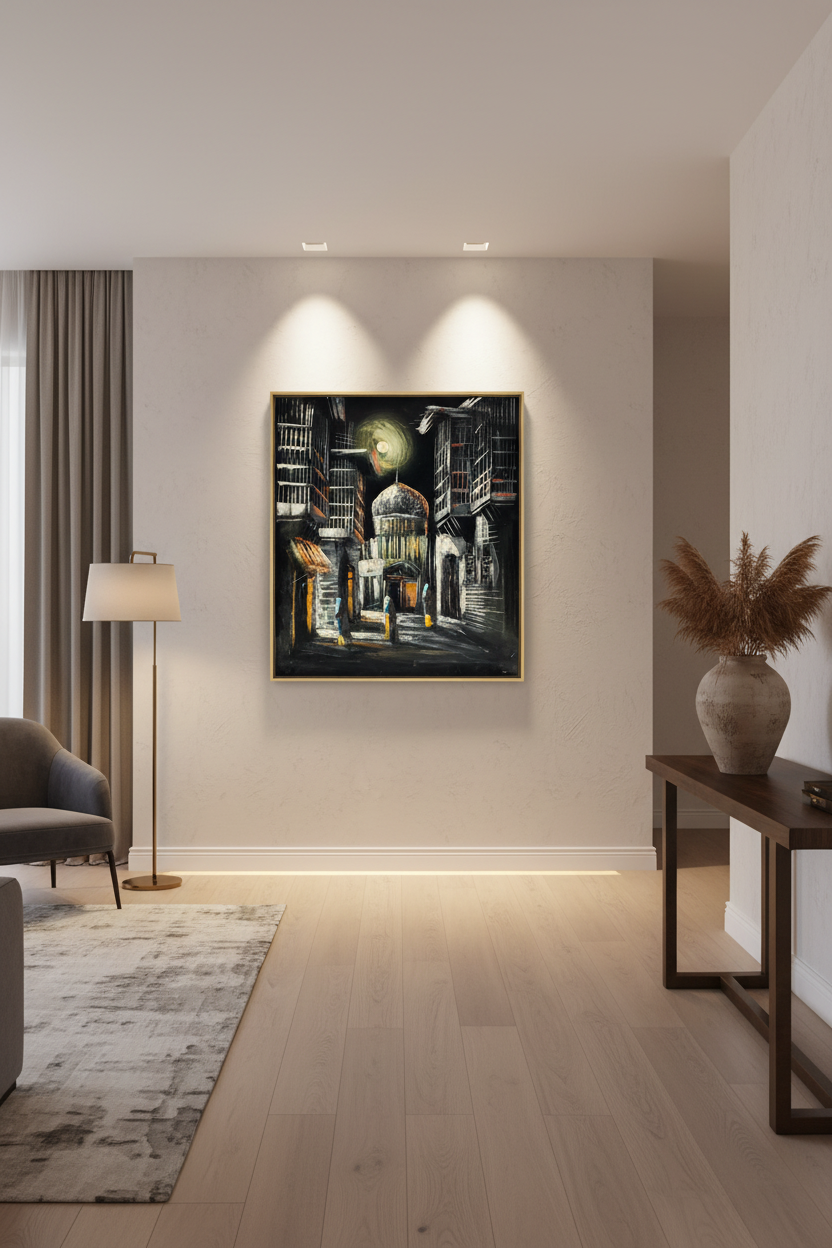 Moonlit domed mosque city street night scene canvas art staged in a stylish home hallway