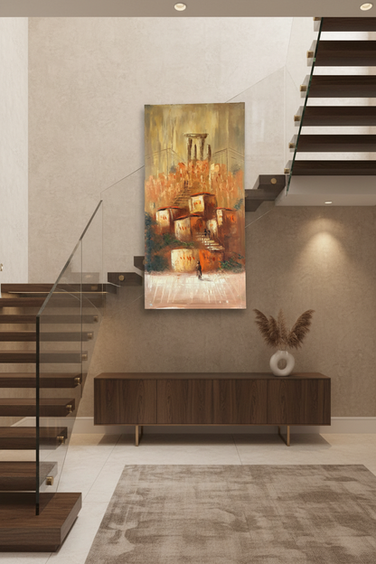 The Ascent oil painting mounted on staircase wall, no frame