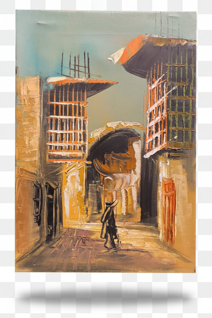 The Wanderer old town street oil painting with transparent background and soft drop shadow – no frame